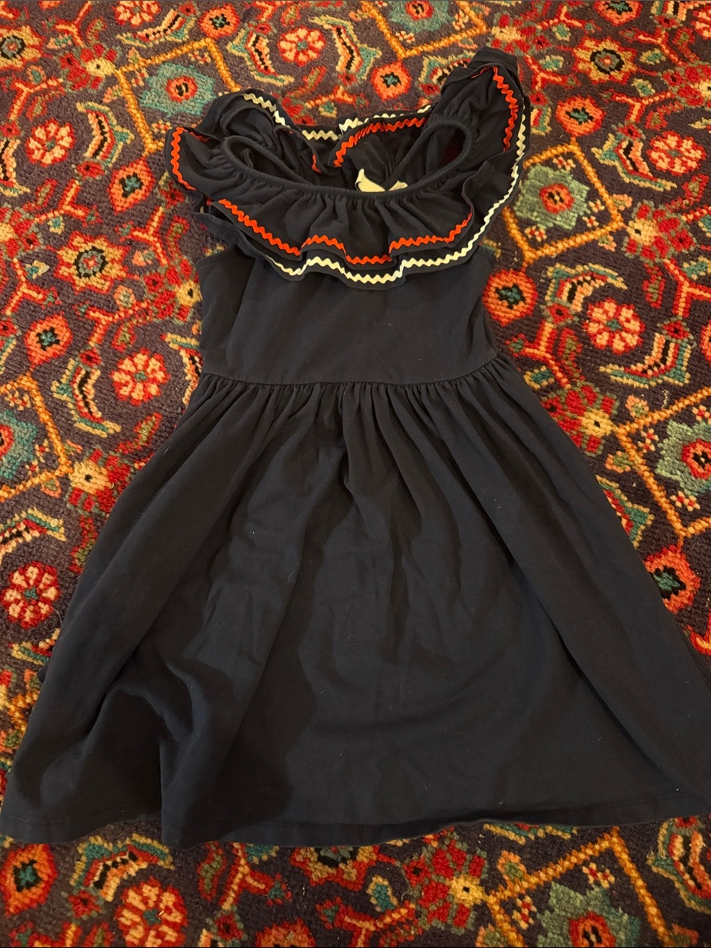 Girls Blue Ruffle-Neck Dress with Contrasting Trim